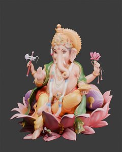 Ganesha Hindu Deity 3D Statue Seated on Lotus Flower Textured 3D model