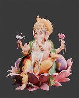 Ganesha Hindu Deity 3D Statue Seated on Lotus Flower Textured