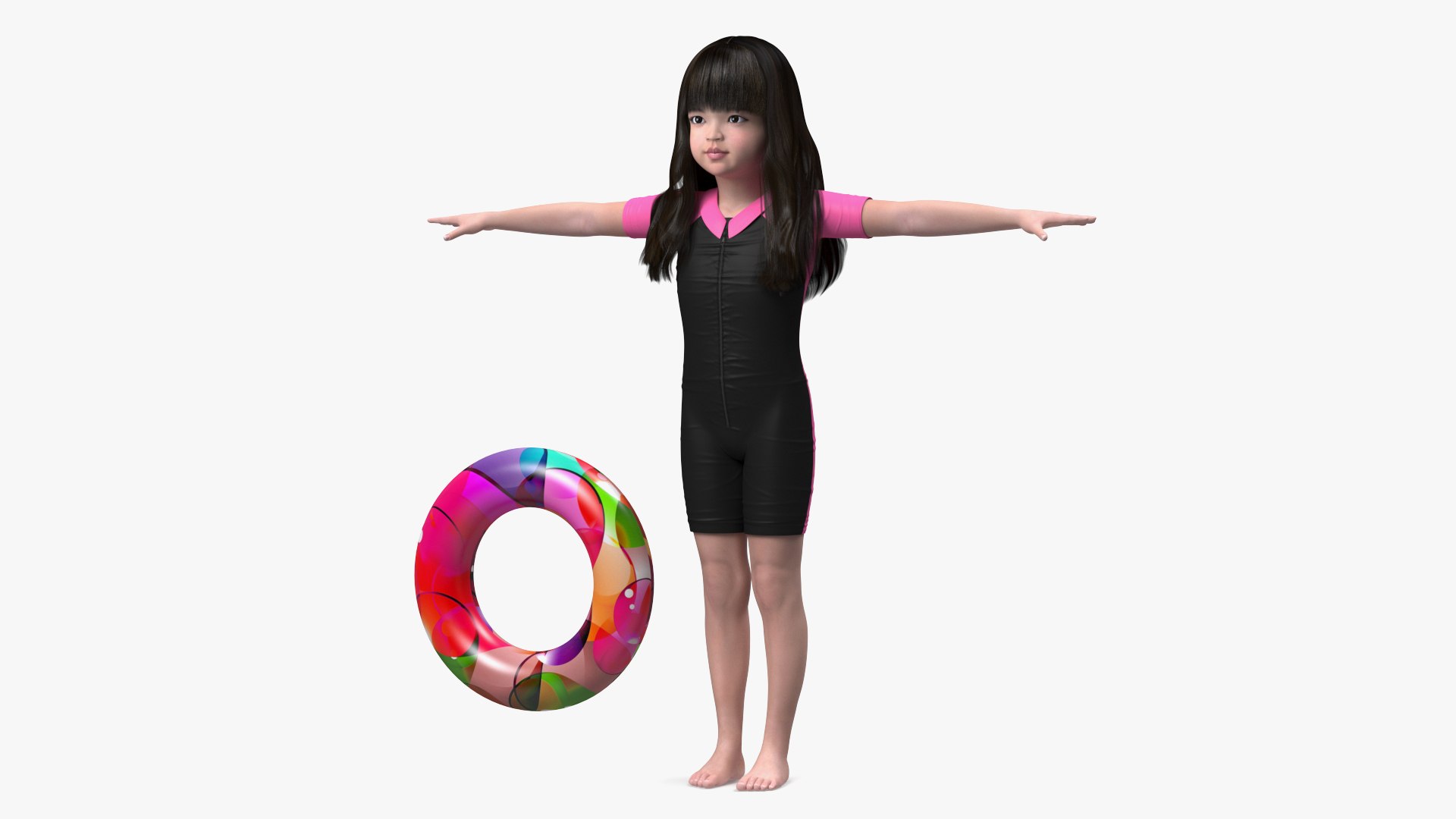 Realistic Chinese Child Girl Beach Style T-pose 3D model preview