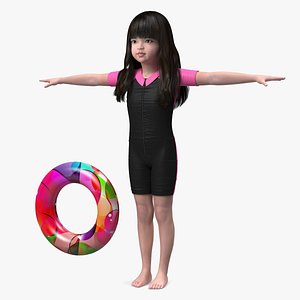 3D Realistic Chinese Child Girl Beach Style T-pose