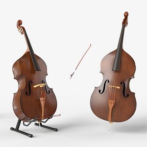 Double Bass Music instrument with Bow and Stand 3D model