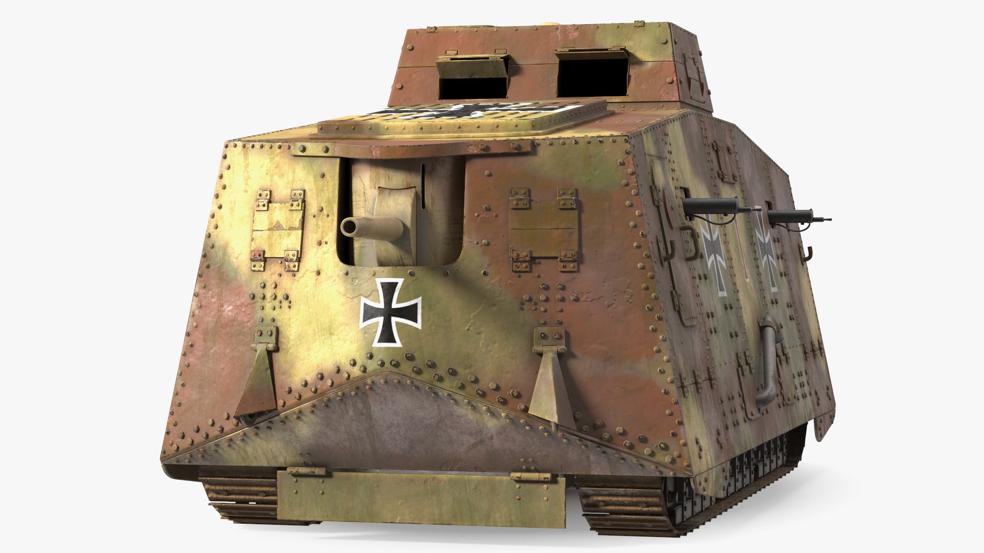 German A7V Sturmpanzerwagen Tank Camo Aged Rigged for Maya 3D model preview