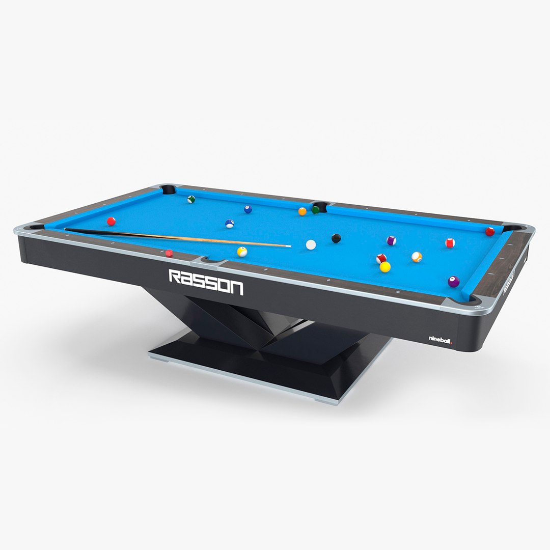 American Pool Blue Table Rasson with Balls and Cue 3D model preview