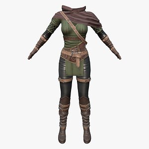 Medieval Fantasy Archer Outfit Top Pants Boots Gloves 3D model