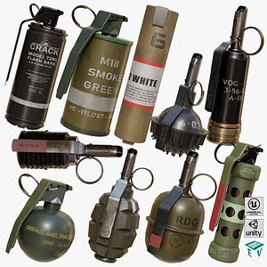 3D 10 Grenades Single Mat All PBR Unity UE Textures model