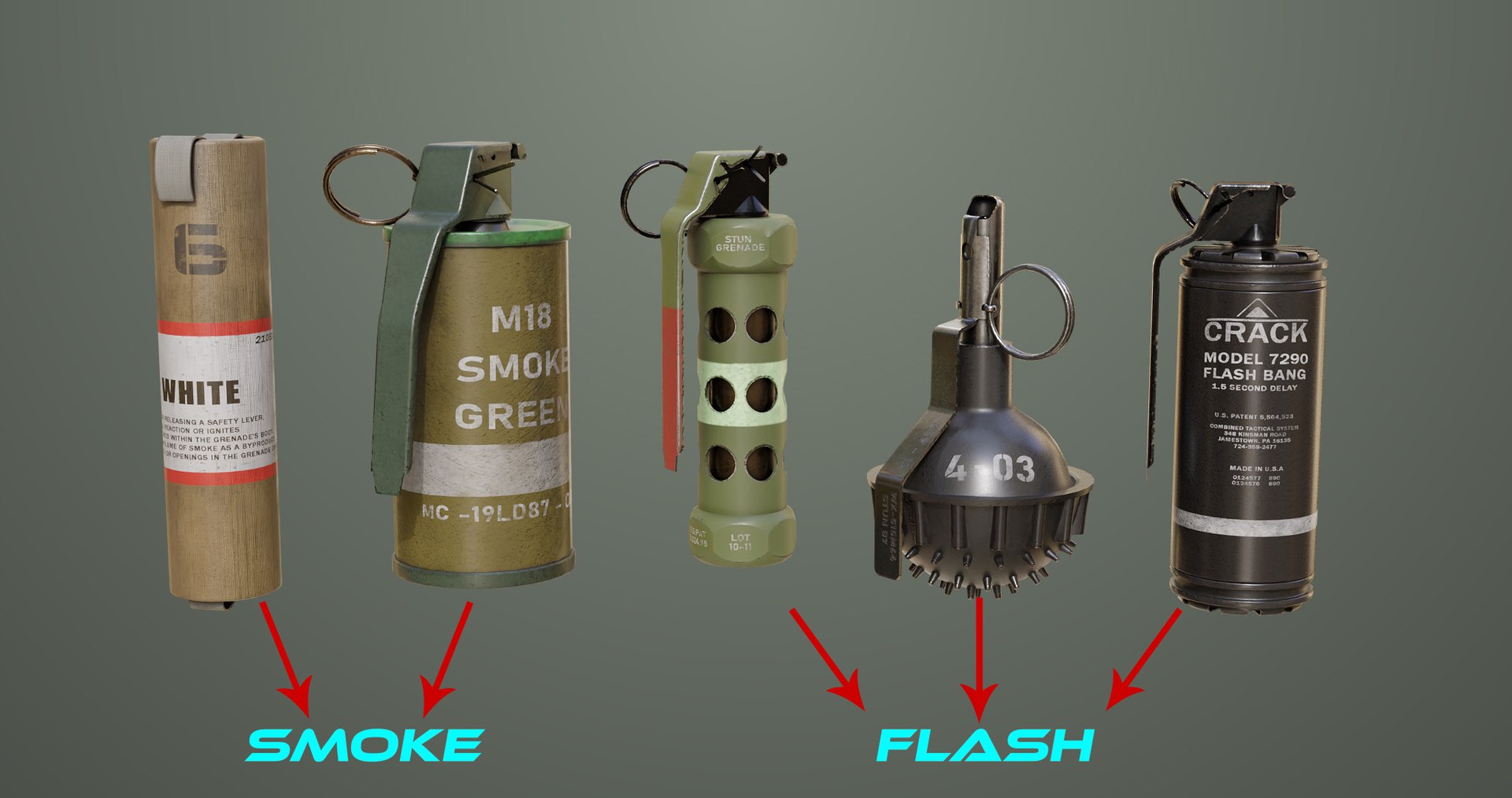 3D 10 Grenades Single Mat All PBR Unity UE Textures model https://p.turbosquid.com/ts-thumb/R3/08I6rk/Tj/smokeandflashgrenades_00029/jpg/1716989559/1920x1080/fit_q87/79bee3c3dd8931f0739c846ffeb4e986d04b7739/smokeandflashgrenades_00029.jpg