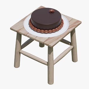 3D Realistic Wooden Side Table Stool with Cake and Plate model