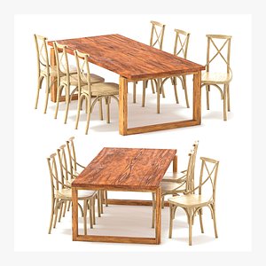ODGER Table and 6 Teak Cross Back Dining Chair 3D model