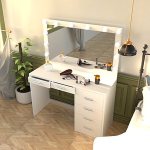 3D White LED Dressing Table inside Modern Bedroom - 3D Model ready to render inside blender and cycles model