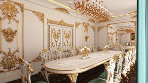 Classic Dinning Room 01 White and Gold 3D model