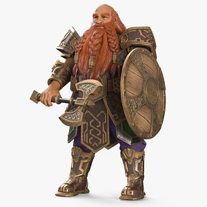 3D Dwarf Warrior with Axe and Shield Rigged for Cinema 4D