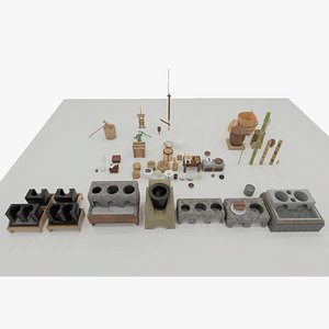 3D 58 sets of eqipments and tools in old Japanese kitchen 3D model