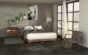 Realistic 3D Model Scene Bedroom chic loft bedroom