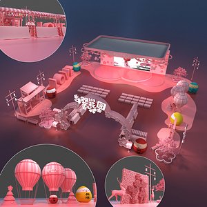 Modern Stage Cherry Blossom Season Hot Air Balloon Stall Deer Invincible Egg Market Gate Fortune Tre 3D