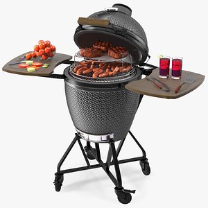 3D Kamado Style Barbecue Grill Open with Meat and Vegetables model