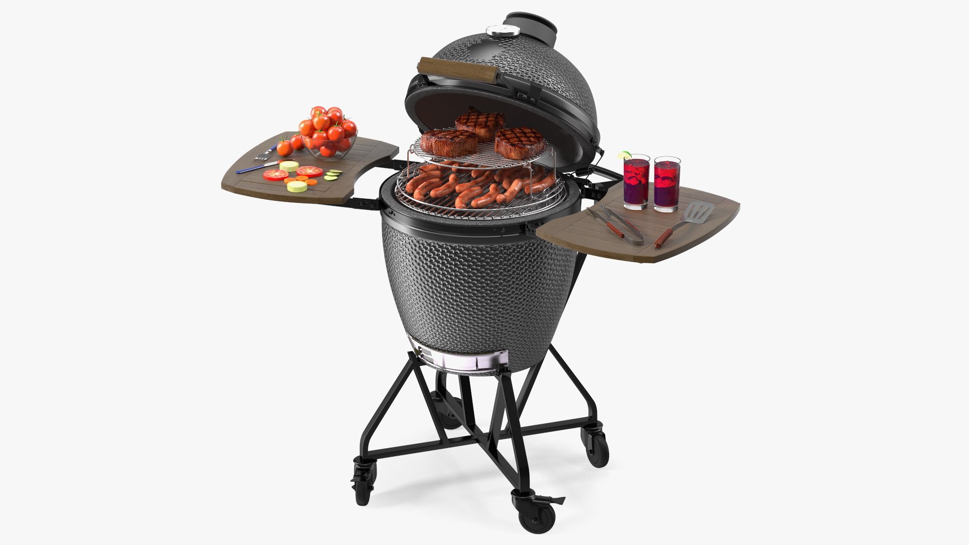 Kamado Style Barbecue Grill Open with Meat and Vegetables 3D model preview
