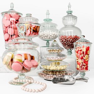 Set of macarons and cookies in beautiful vessels for decoration in cafes model