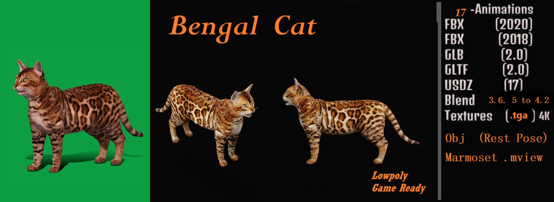 3D Bengal Cat model https://p.turbosquid.com/ts-thumb/RJ/nZNWKl/rf/bengal_domestic_cat/png/1722175309/1920x1080/fit_q87/47ecd600bdec84aaa2f0fe23ffbd5e39b7510f55/bengal_domestic_cat.jpg