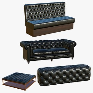 Chesterfield Sofa Realistic Leather Coffee Table Black 3D model