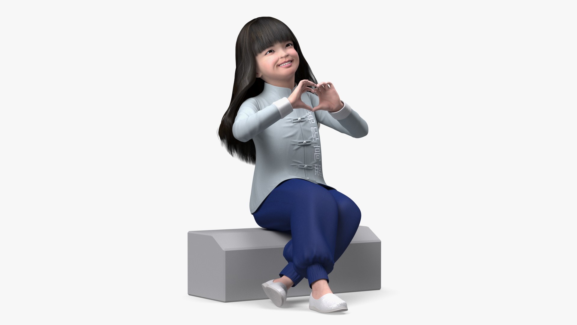Smiling Chinese Girl Child in National Costume Sitting 3D model preview