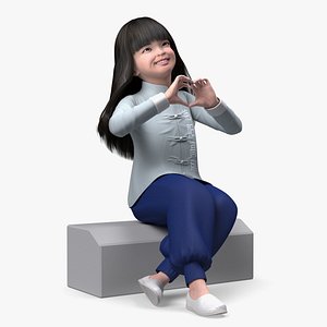 Smiling Chinese Girl Child in National Costume Sitting