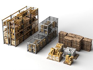 Warehouse Storage Racks Pallets Cargo Boxes Industrial Asset Pack 3D model