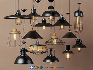 Modern Industrial Pendant Light Retro Vintage Loft Lamp Pack 3D