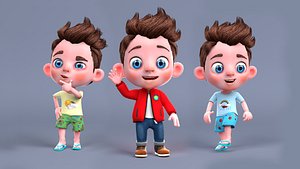 Rigged Low Poly Boy Cartoon character with 20 different outfits 3D model
