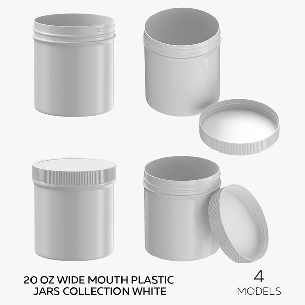 20 oz Wide Mouth Plastic Jars Collection White - 4 models 3D model