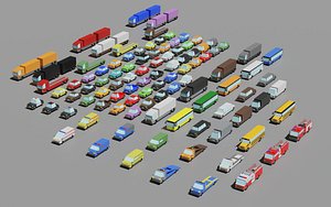 Low-poly 100 cars pack 3D
