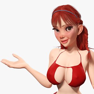 3D model Cartoon girl with stylized red Stylized Semi-Realistic hair Low-poly 3D model