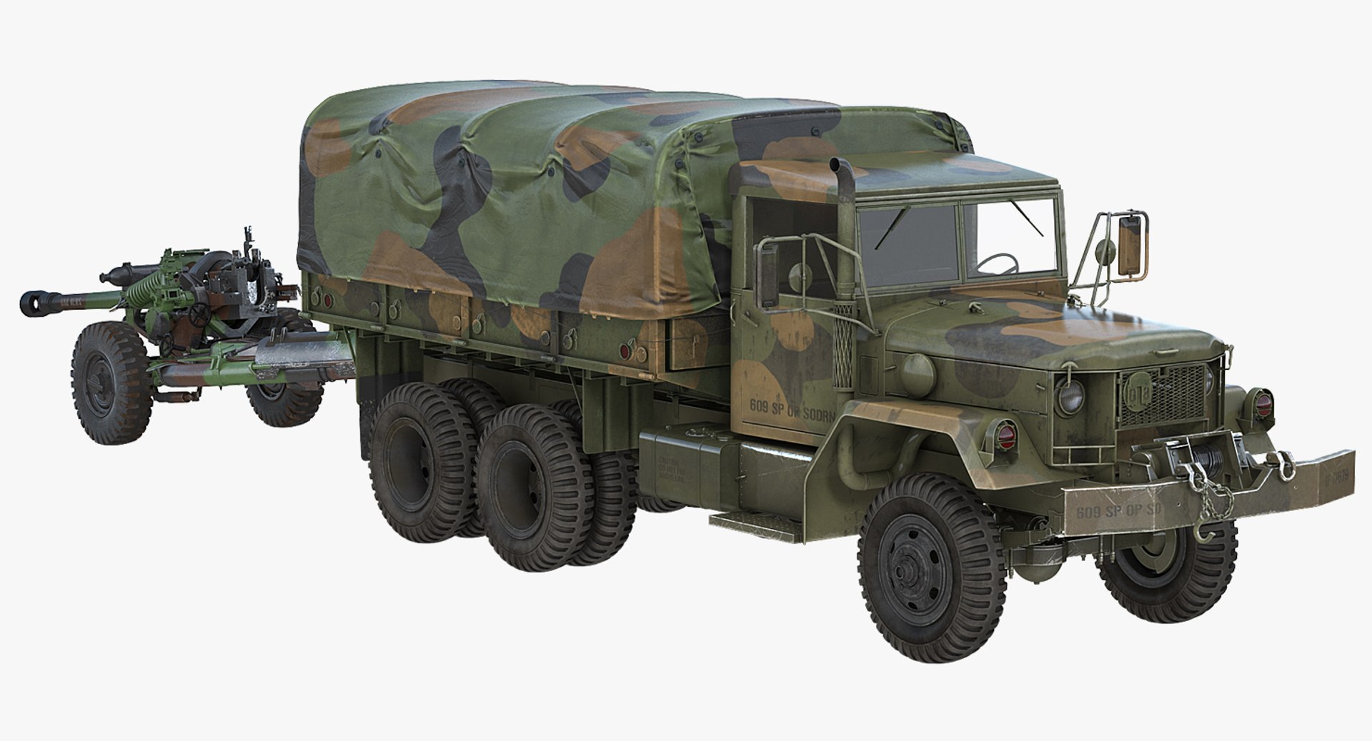 US Military Truck m35a2 with Field Howitzer M119 3D model preview