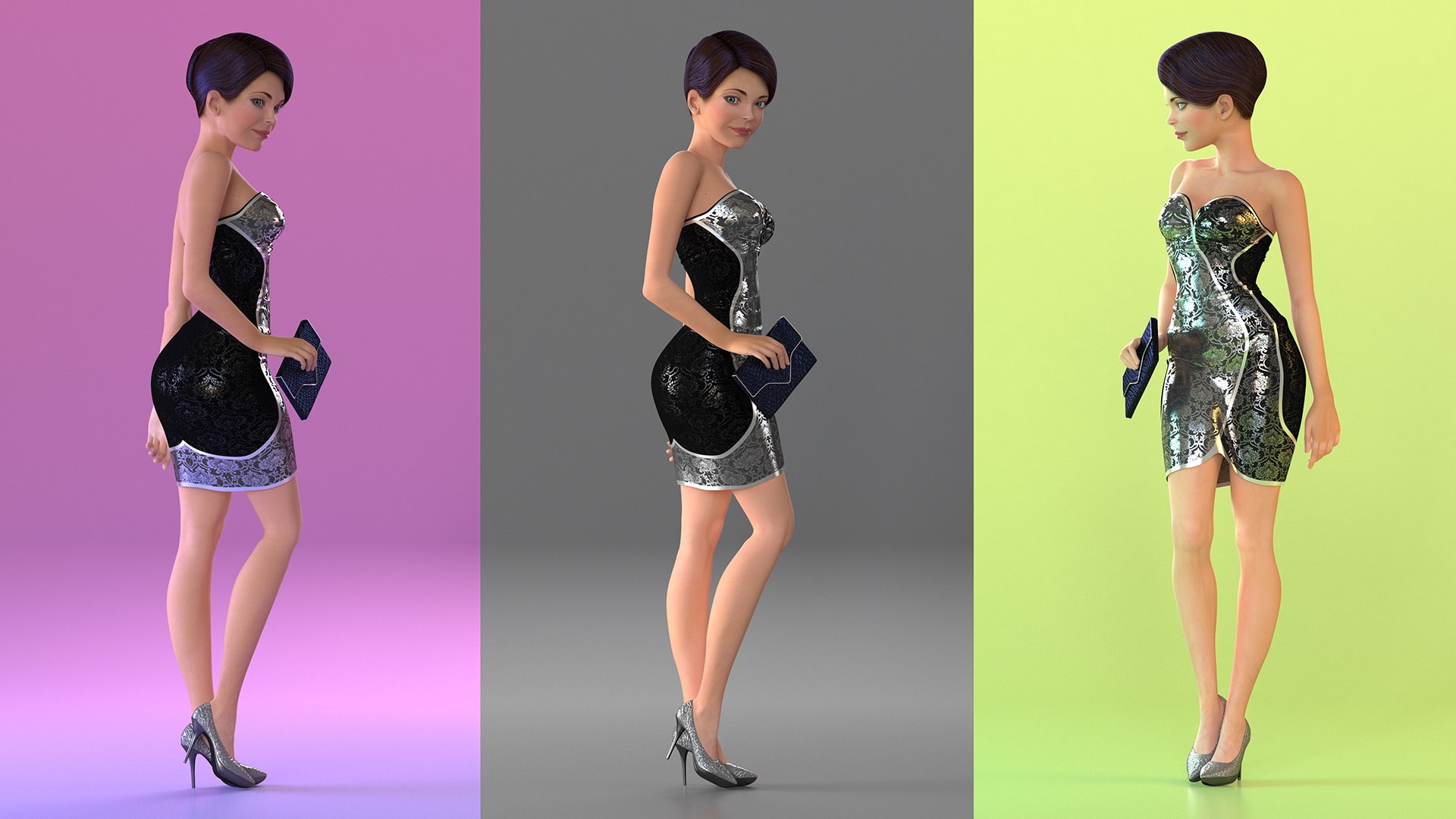 Cartoon Woman Party Clothes Standing Pose 3D model preview