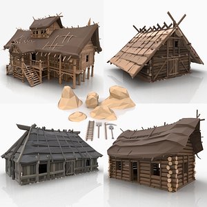 3D stylized viking farm buildings