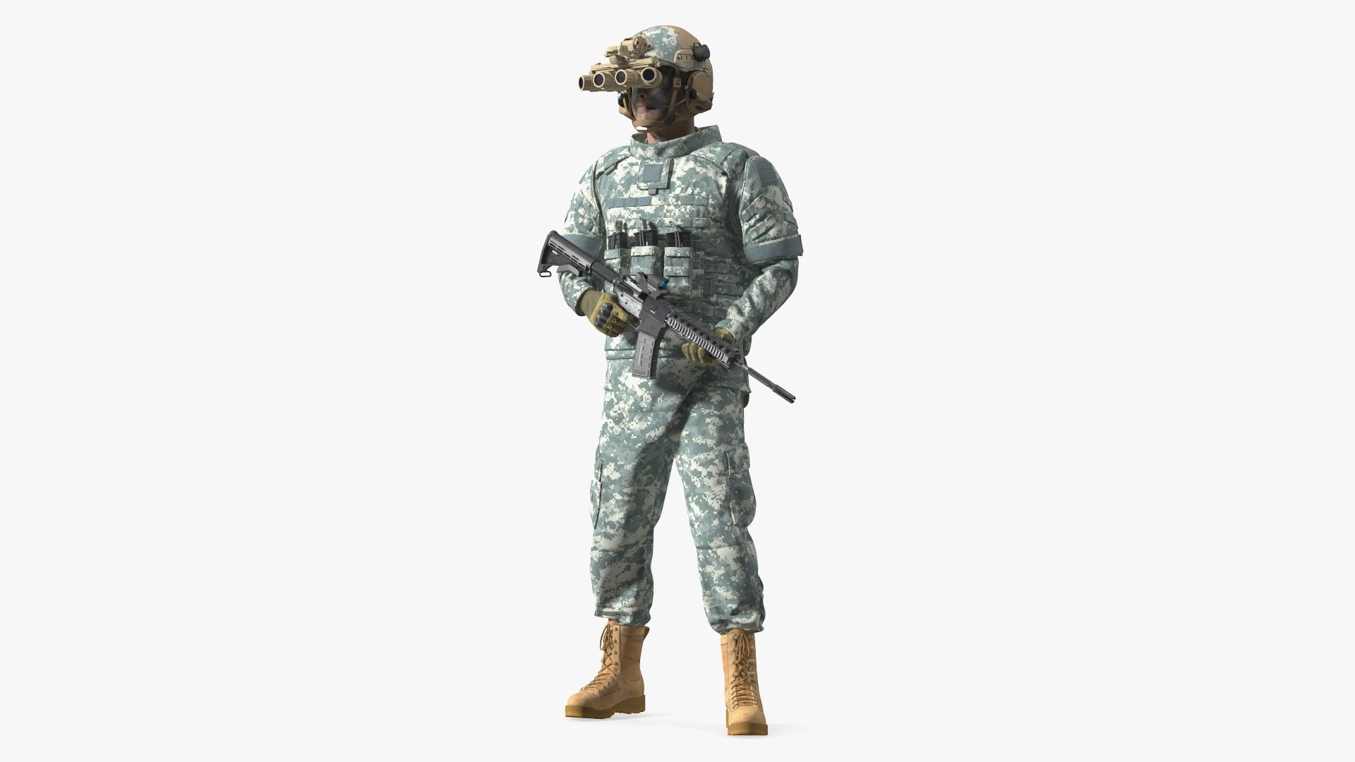 Soldier in Night Vision Goggles Grey Camo Standing 3D model preview