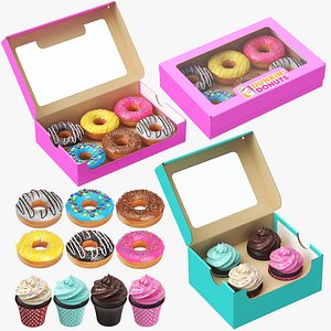 3D Detailed Cupcakes And Donuts Boxes model