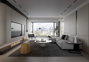 3D Modern living room dining room kitchen