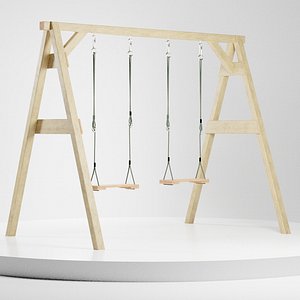 Classic wooden swing set with two seats on the ropes 3D Model