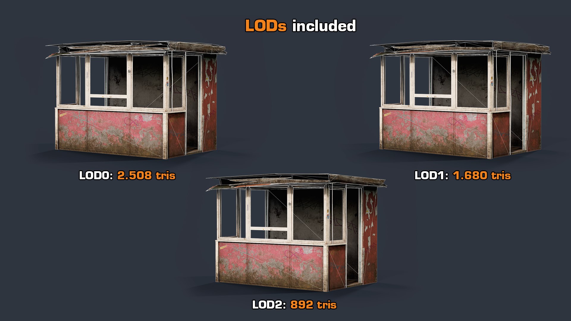 3D Kiosk Destroyed GameReady LODs https://p.turbosquid.com/ts-thumb/Ra/AuFcxJ/UD/lods/png/1632056571/1920x1080/fit_q87/130d99a9cdfa13716df56ff159cccb9b06f3cd35/lods.jpg