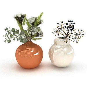 Two flower arrangements in white and orange ceramic vases