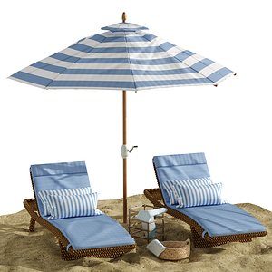 Beach umbrella and chaise longue set 2 3D model