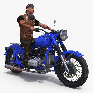 Blue Retro Classic Motorcycle with Rider