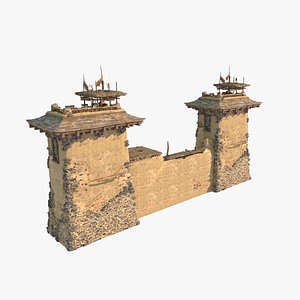 Asian ancient yellow mud wall fence watchtower model