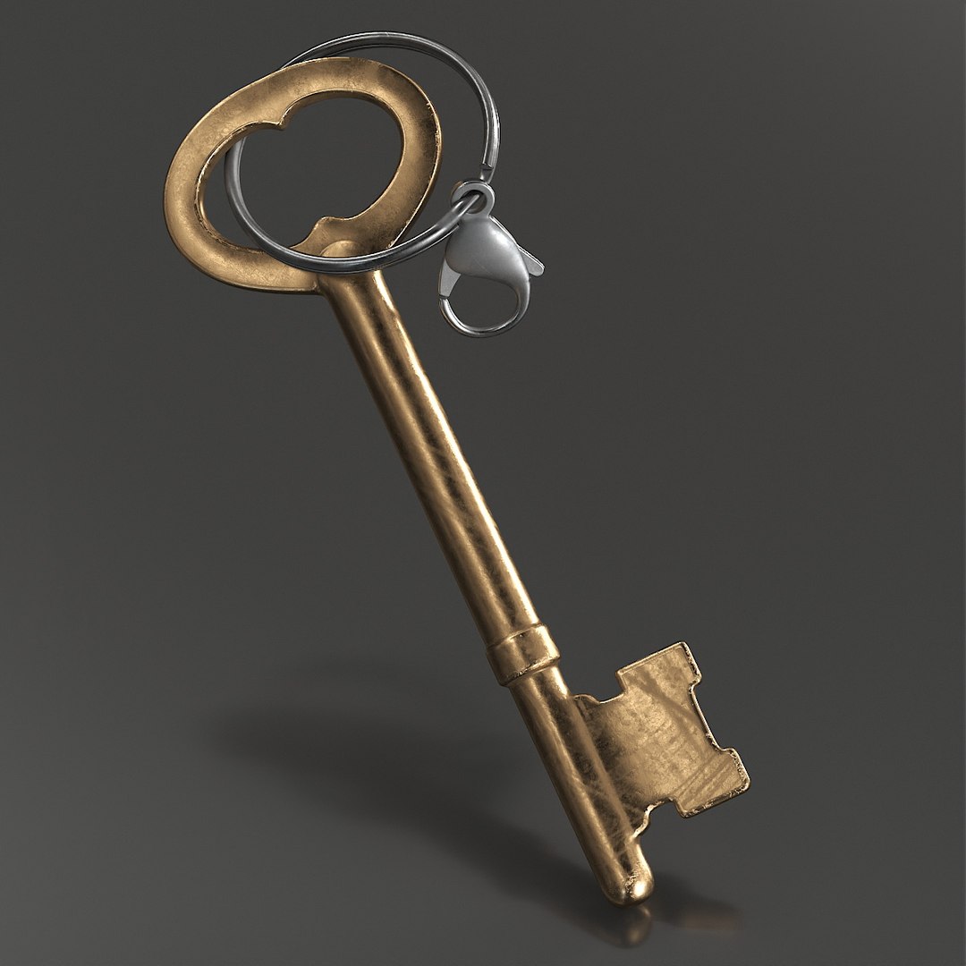 Key with Lobster Claw Clasp on Ring 3D model preview