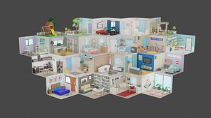 3D model Low Poly Rooms Interior 3 Low-poly 3D model