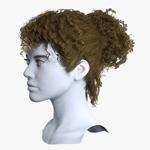 Elegant Romantic Curly Bun Cut - Game Ready Hair Cards 3D