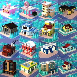 Cute Cartoon Village Collection Low Poly