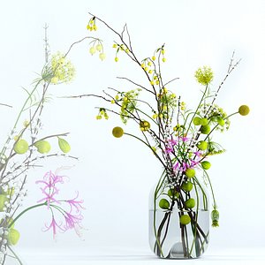 3D model realistic flowers twigs s
