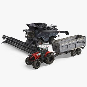 3D Harvester Massey Ferguson with Tractor with Agricultural Trailer Rigged model