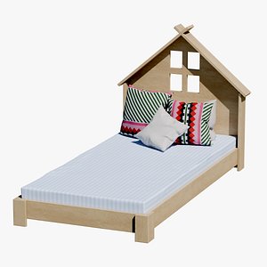 3D Kids Wooden House Bed